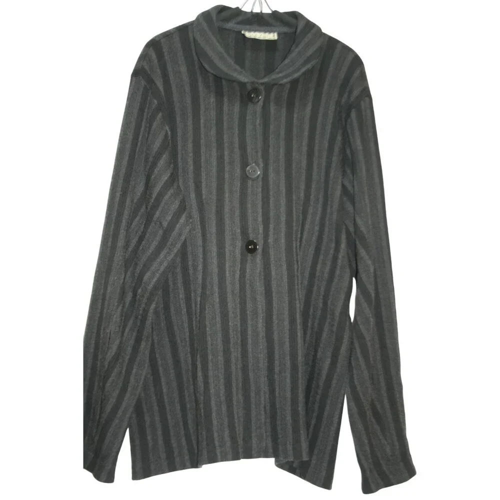Su-Zen Wool Blend Cardigan Sweater Women L Black Gray Stripe Made in USA Artisan - Picture 1 of 9